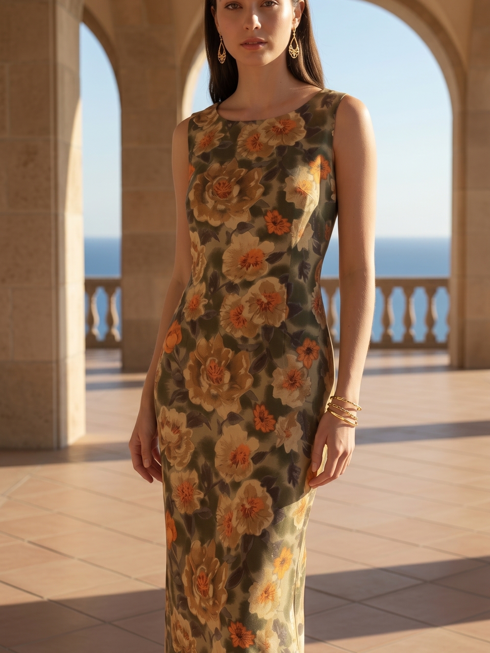 Casual Corner Olive Maxi with Orange and Cream Floral Pattern VTG Size 8